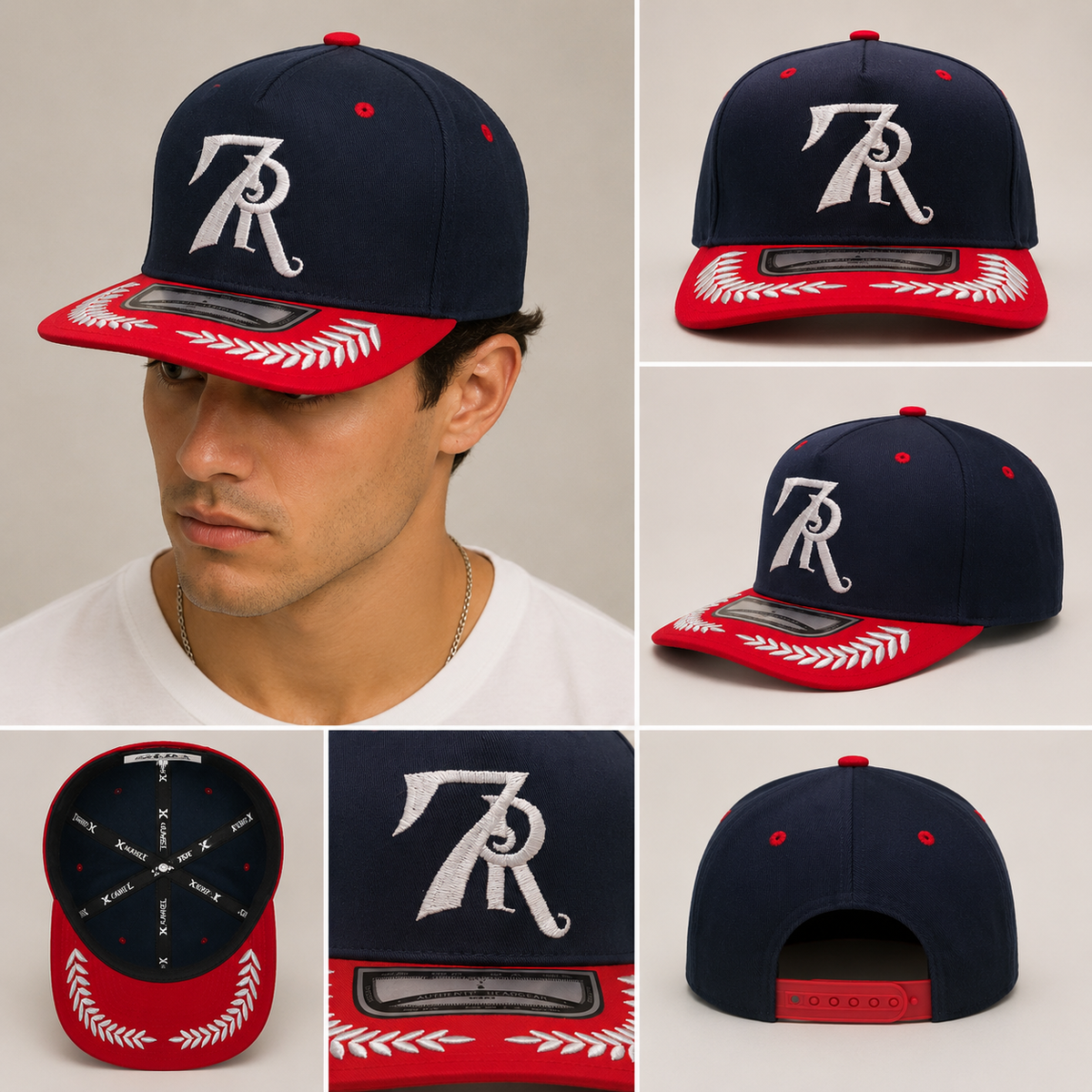 Gorra authentic gear azul con rojo con decoraciones en blanco